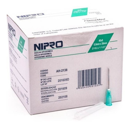[L-IN-08X40] Agulha Intramuscular 21Gx1, 0.8x40mm (100un)